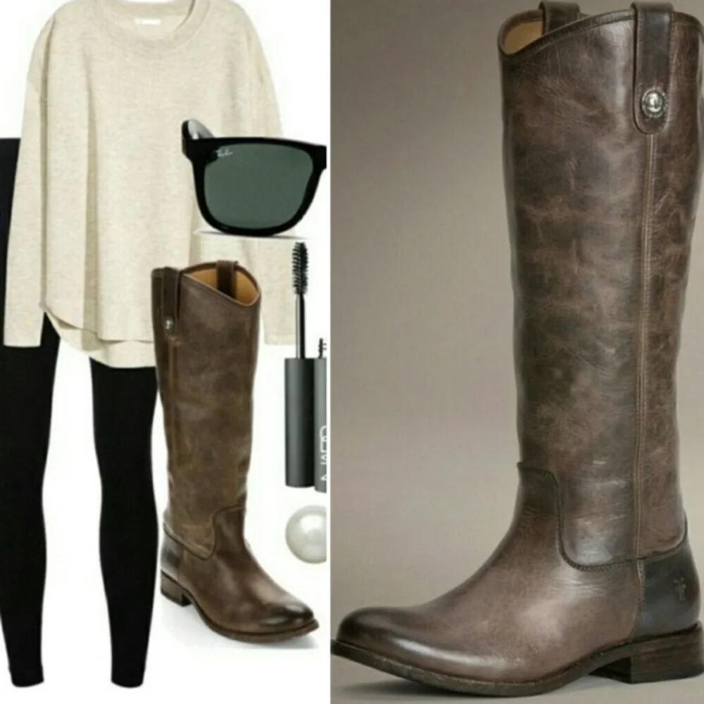 Frye Melissa Tall Western Riding Lug Boots Gray Leather Sz 6.5